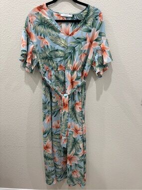 ANANY XL Tropical Floral Maxi Dress Blue Green Orange Flutter Sleeve Belted